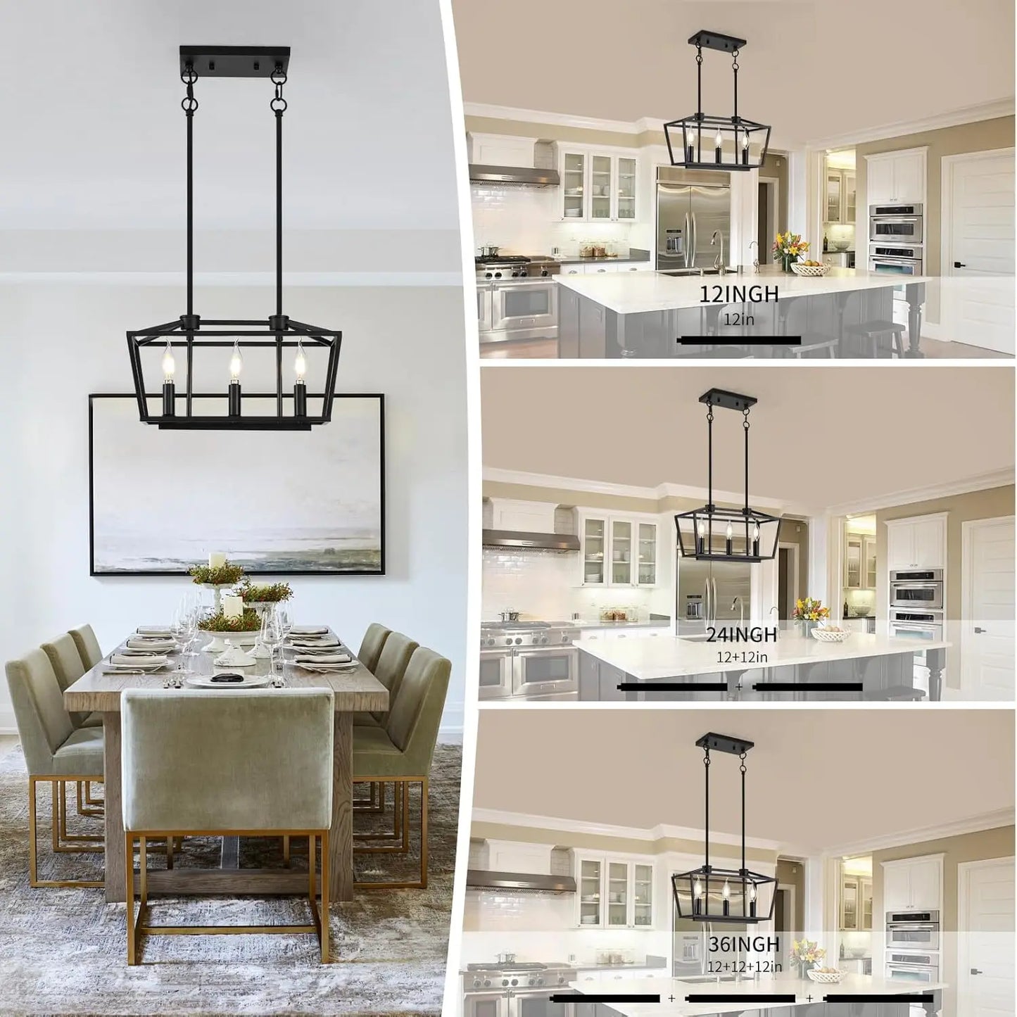 3-Light Modern Farmhouse Chandelier - Black Adjustable Pendant for Dining Table & Kitchen Island