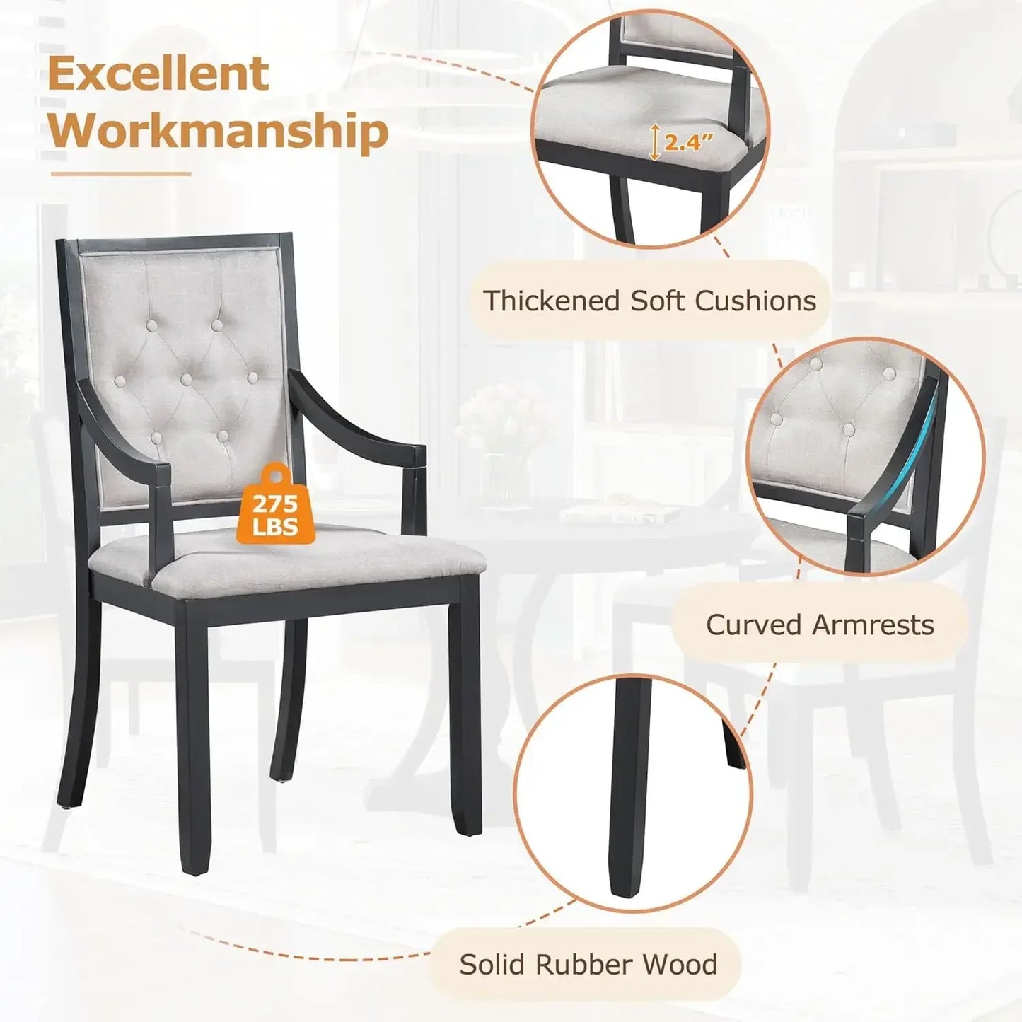 Dining Table Set for 4, Farmhouse Kitchen Table Set with 1 Extendable Round Table and 4 Upholstered Dining Chairs, Wooden