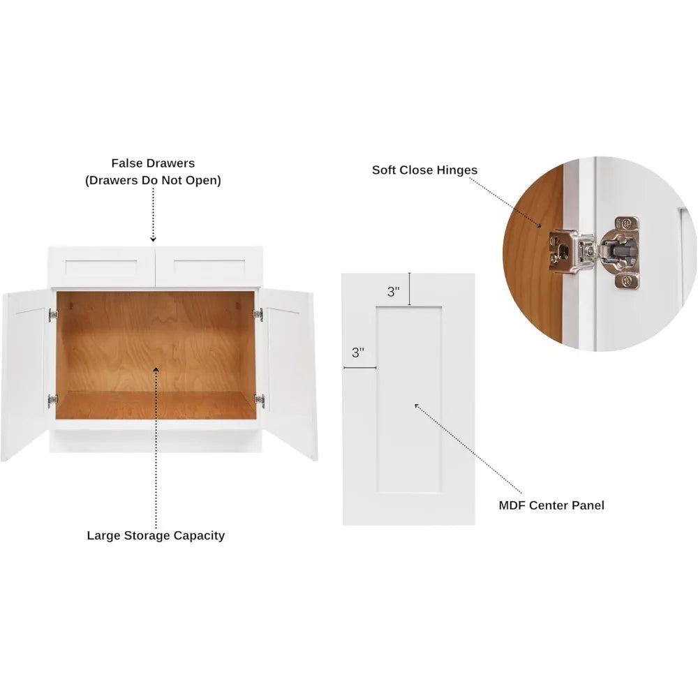 White Shaker Bathroom Vanity Cabinet Sink Base, Ready to Assemble Bathroom Organizer, Bathroom Storage - 30" W x 21" D x 34.5" H