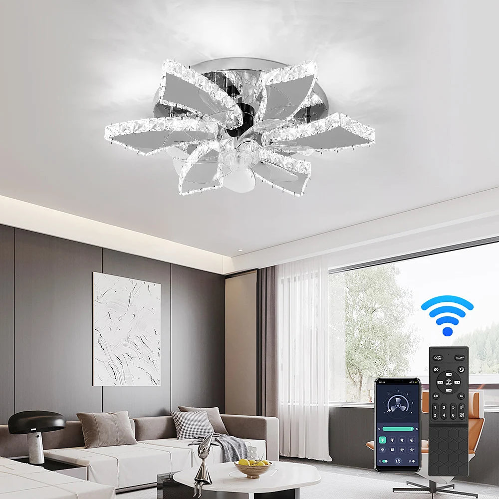 Luxury Crystal Ceiling Fan Led Lamp Smart APP RC Modern Fan Light Chandelier Home Decor Chandelier Living Dining Room Fixture