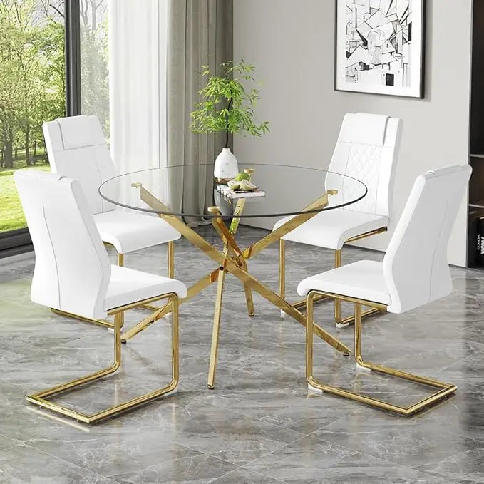 Round Glass Dining Table Set for 4,5 Piece Modern Tempered Glass Kitchen Dining Table Chairs Set,47 Inch Modern Glass Dining