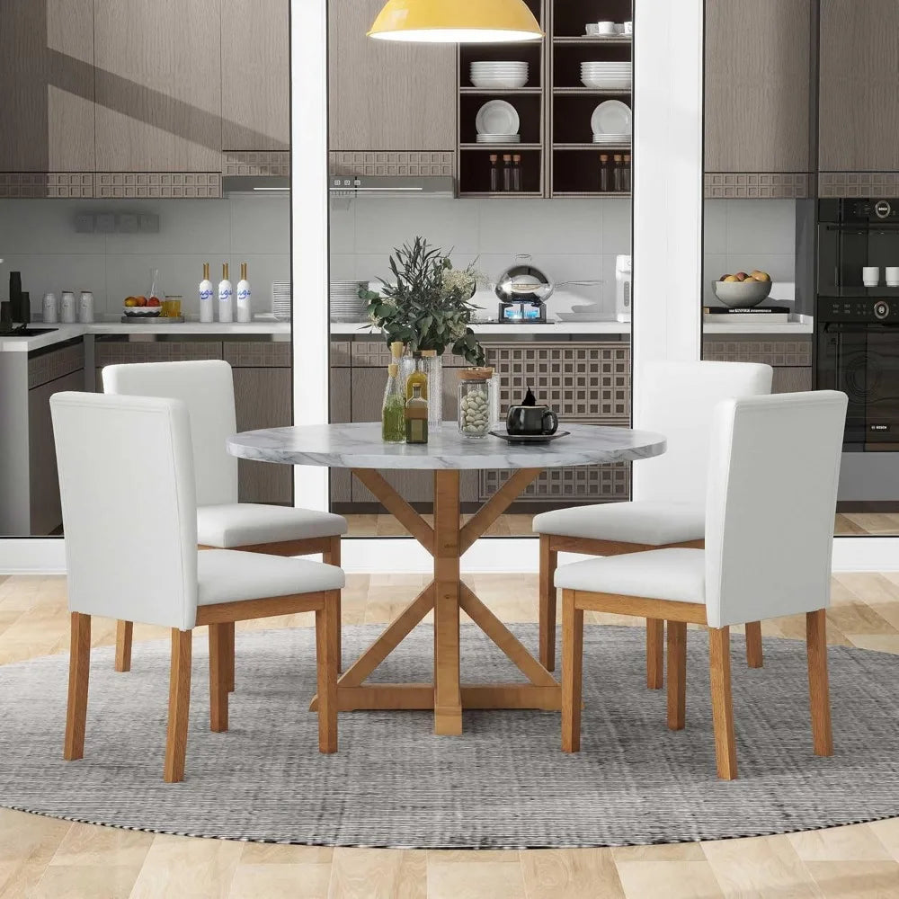 5-Piece Round Dining Table Set, Mid Century Modern Round Dining Table for 4-6 Person, Round Dinner Table with 4 Upholstered