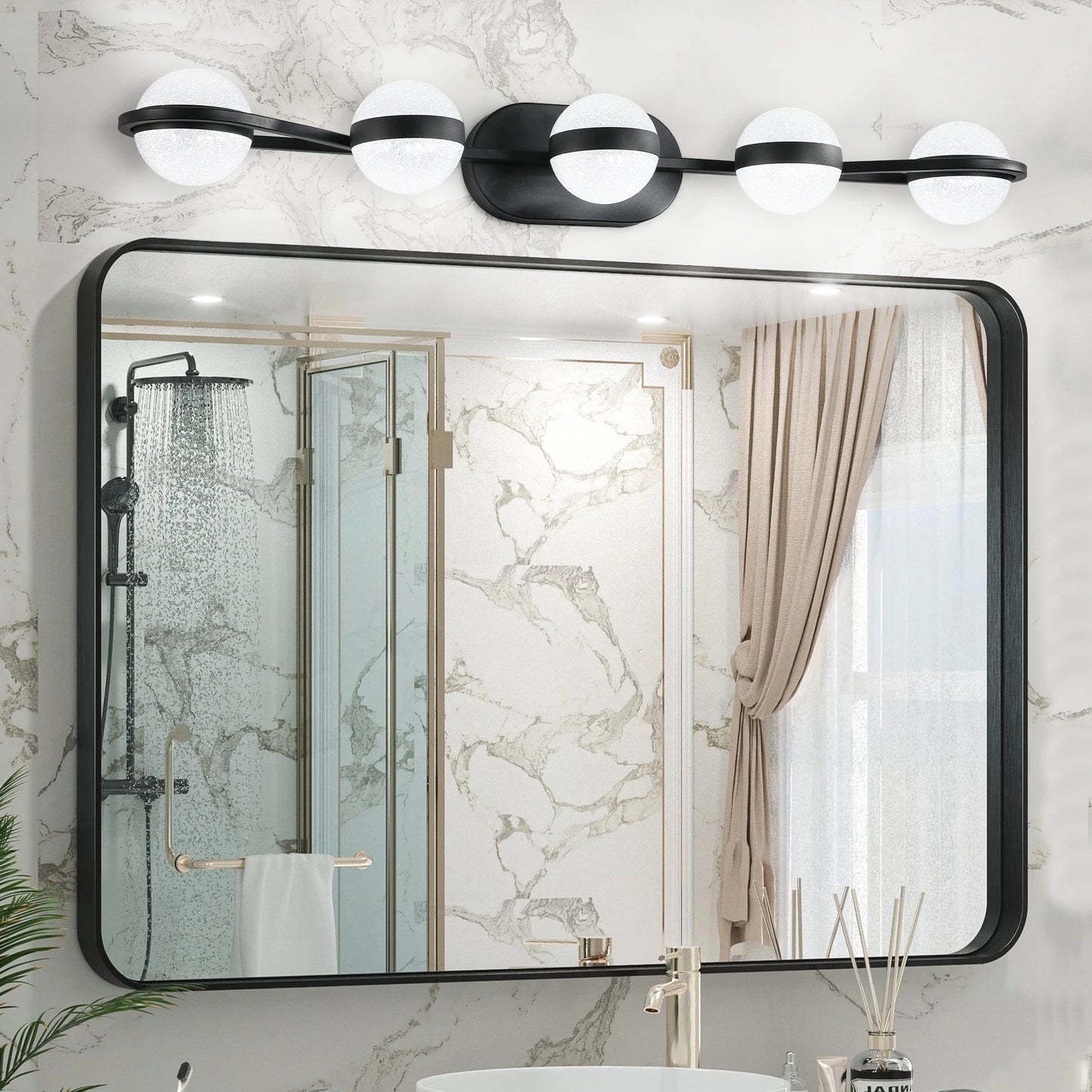 Modern Minimalist Bathroom Vanity Light, LED 5 Bulb Frosted Glass Shades, Wall Mounted Decorative Lighting Fixture (Black)
