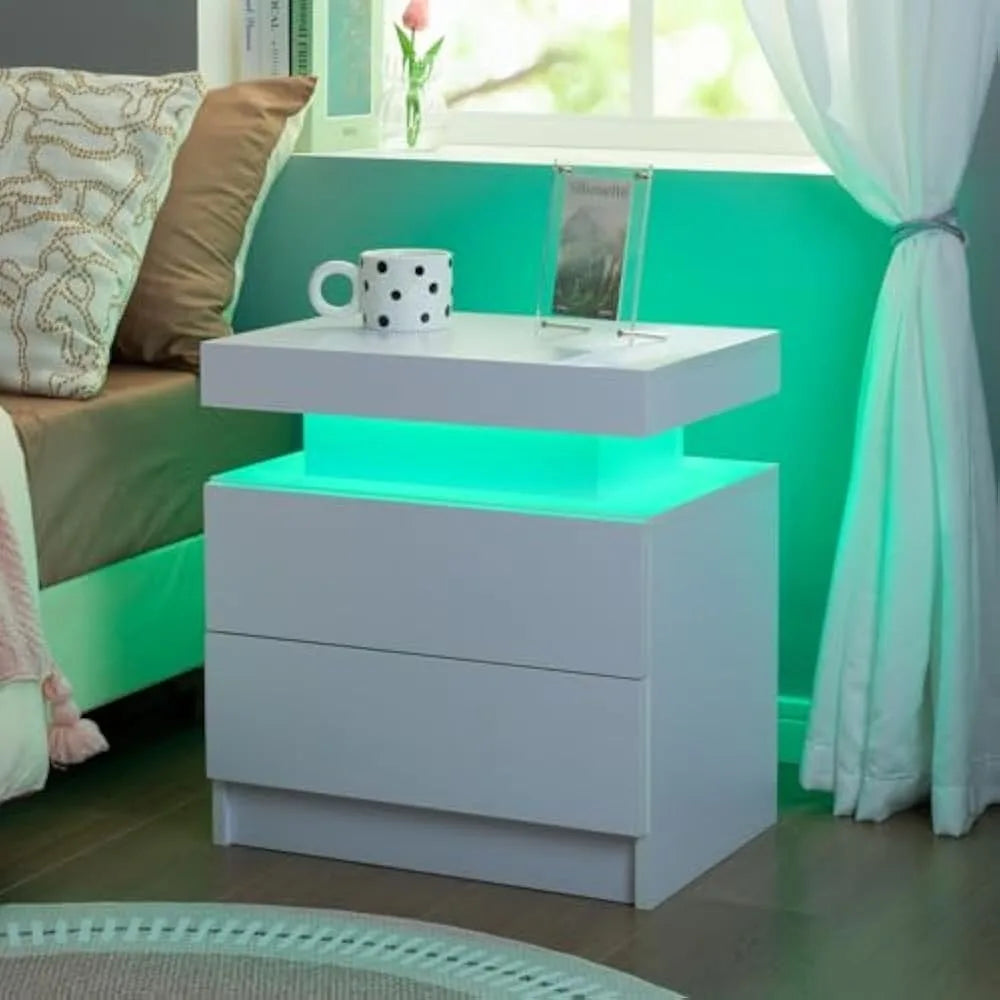 LED Nightstand Set of 2 with 2 Drawers, Bedside Table with Drawers for Bedroom Furniture, Side Bed Table