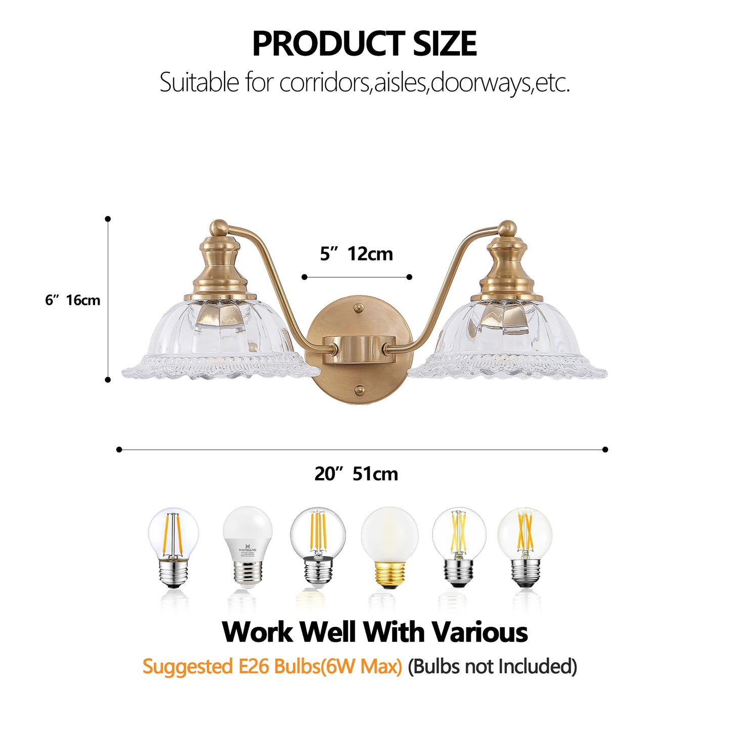 20 英寸 2-Light Vintage Bathroom Wall Sconce – Elegant Golden Metal and Glass Lampshade Vanity Light Fixture