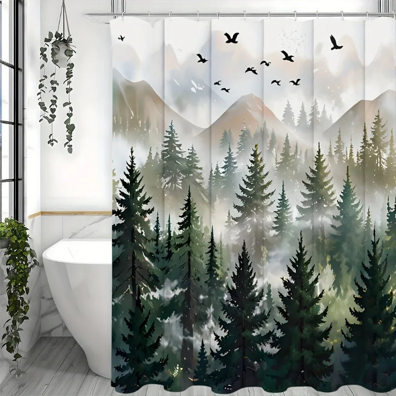 Green Misty Forest Shower Curtain Set Ombre Sage Green White Waterproof Fabric Shower Curtains