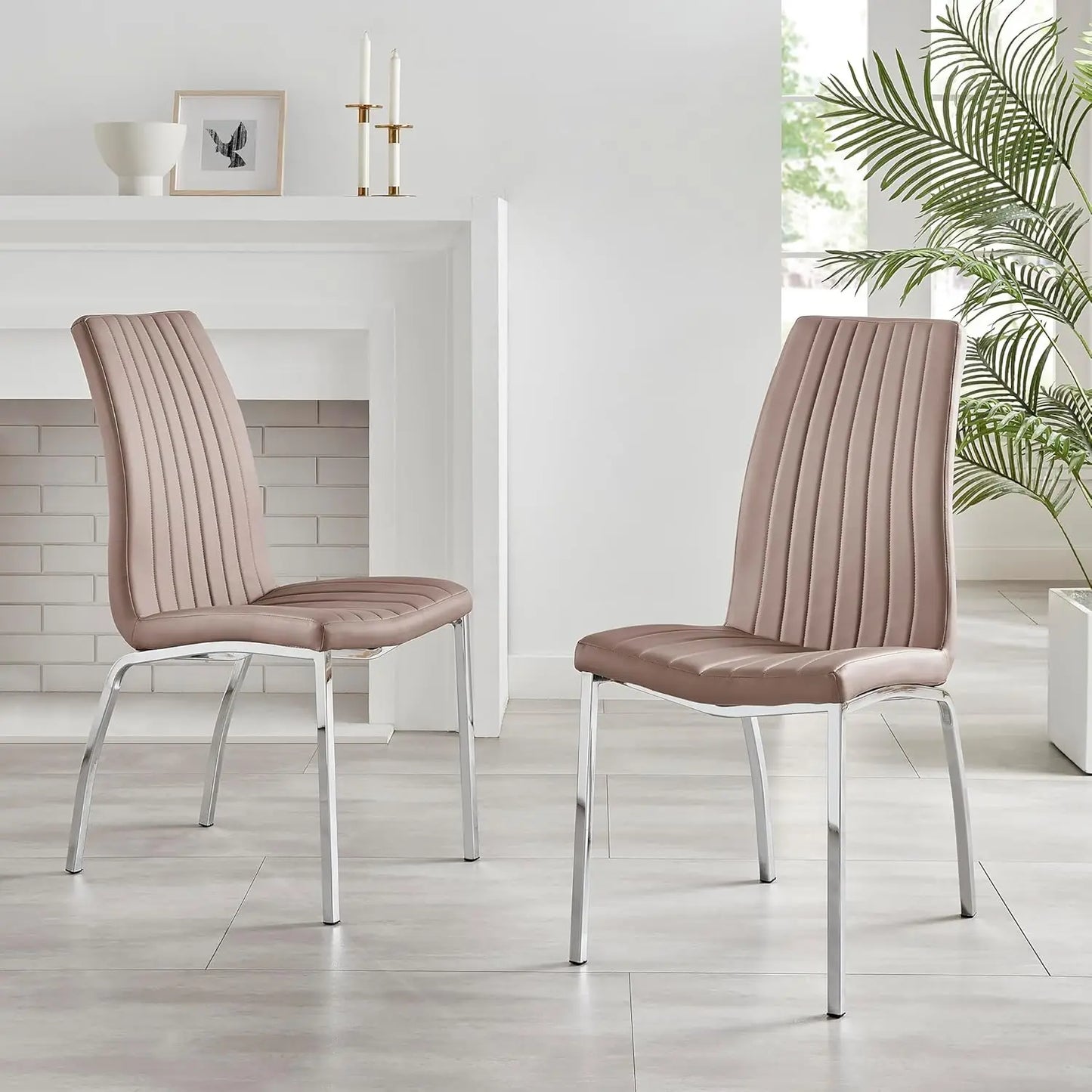 Dining Chair Set of 2 - ISCO Faux Leather Upholstered White Dining Chairs with Silver Chrome Legs