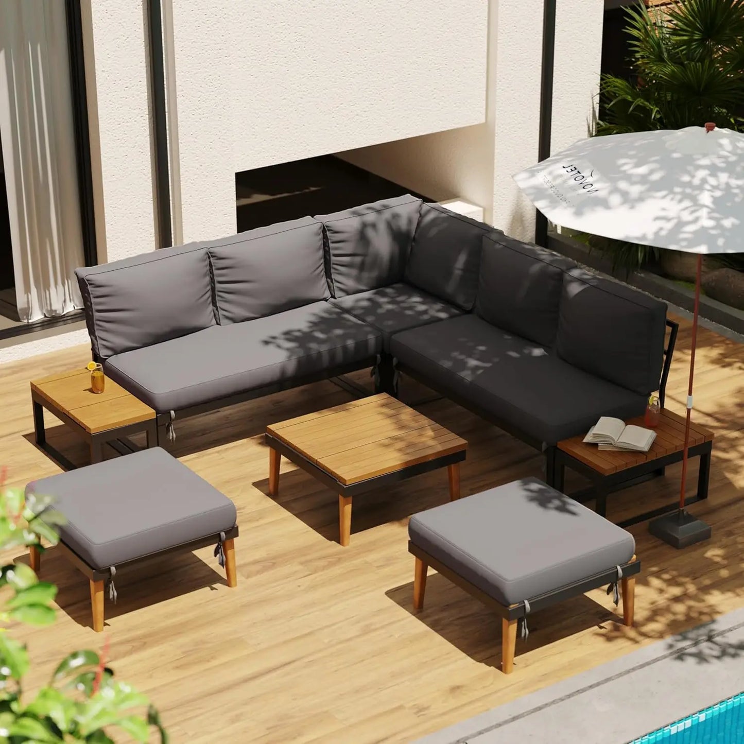 8 Pieces Patio Furniture Set, Outdoor Sectional Sofa Couch with Acacia Wood Coffee Table&Side Table,Modern Metal Outside