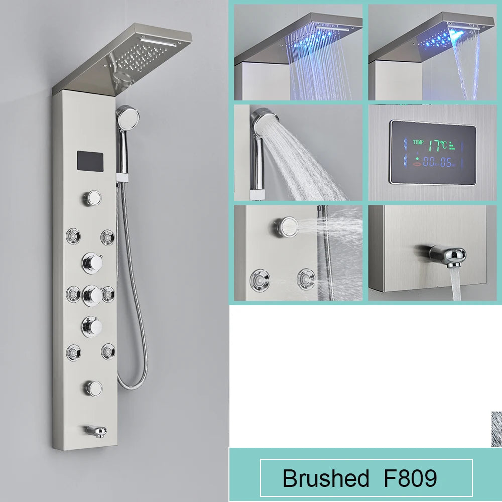 Black LED Light Shower Panel Waterfall Rain Shower Faucets SPA Massage Jet Bath Shower Column Shower system Mixer Tap Tower