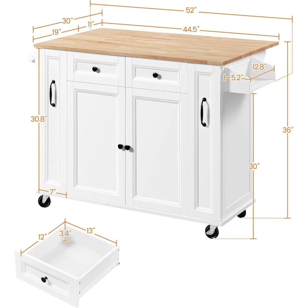 52"W Kitchen Island with Drop-Leaf Breakfast Bar and 2 Pull-outs, Kitchen Cart on Lockable Wheels with Rubberwood Top & 2 Drawe