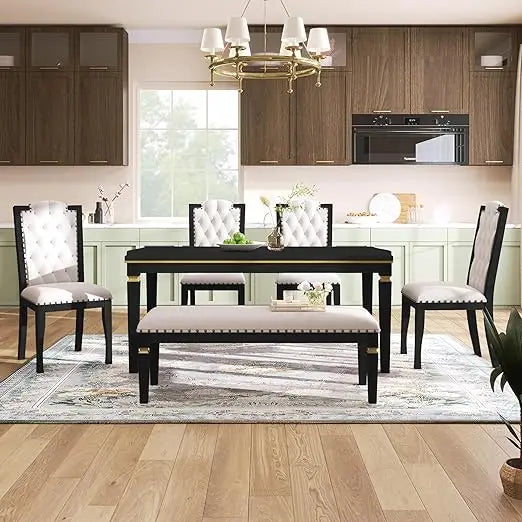 6-Piece Solid Wood Dining Table Set, Modern Elegant 60" Rectangular with 4 High-Back Tufted Upholstered Chairs + 1 Bench for Ki