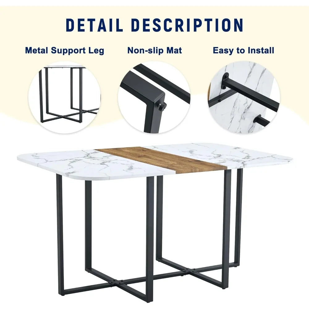 Modern Dining Table Set for 6, 60.2" Dinner Table Set for 6, White Faux Marble Tabletop with Sturdy Metal Legs, 6 Compact Design