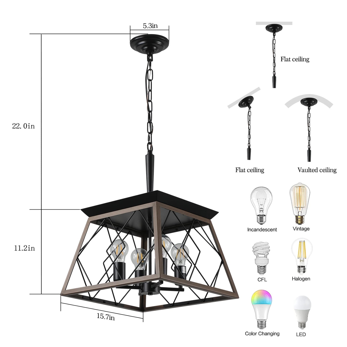 Farmhouse Chandelier 4-Light Retro Chandelier, Suitable for Kitchen, Dining Room, Living Room Walnut Color (No Bulbs)