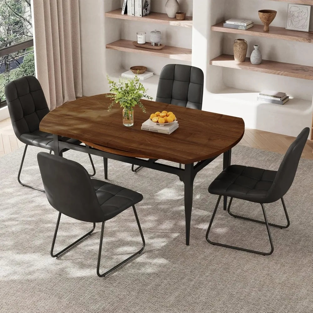Expandable Folding Dining Table Set, 55-Inch Round to Square Table with 6 Upholstered Chairs, Metal Frame, for Dining Room or