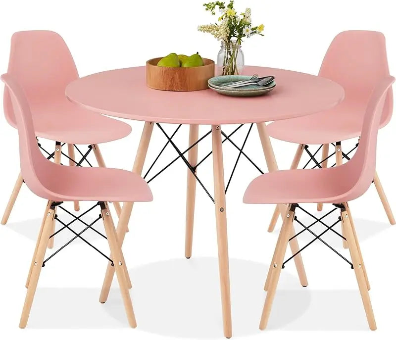 5-Piece Dining Set, Compact Mid-Century Modern Table & Chair Set for Home, Apartment w/ 4 Chairs, Plastic Seats, Wooden Legs