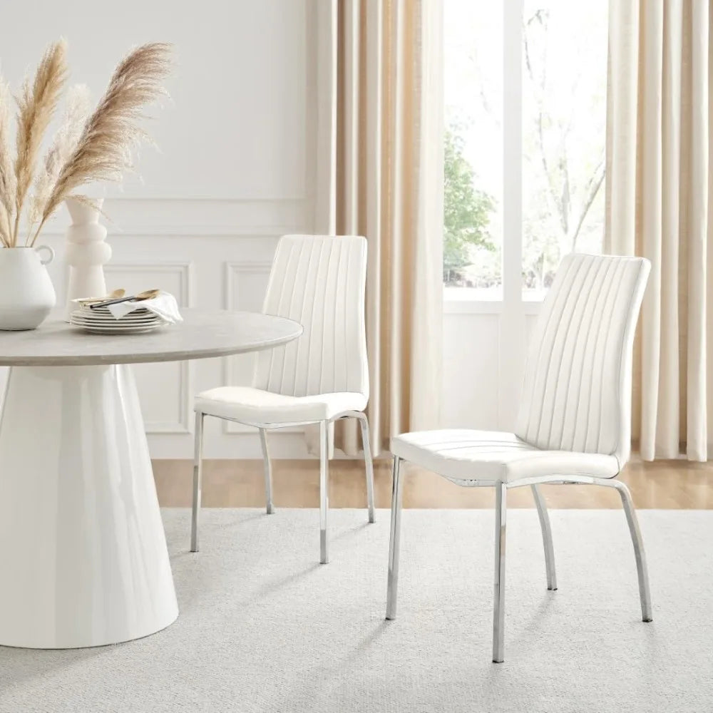 Dining Chair Set of 2 - ISCO Faux Leather Upholstered White Dining Chairs with Silver Chrome Legs