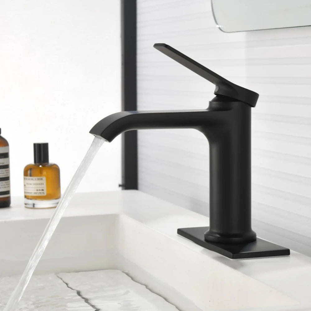 Black Bathroom Sink Faucet Single Hole Single Handle with Cover Plate Hot and Cold Modern Bath Faucet with Pop-up Dr LYJ0058