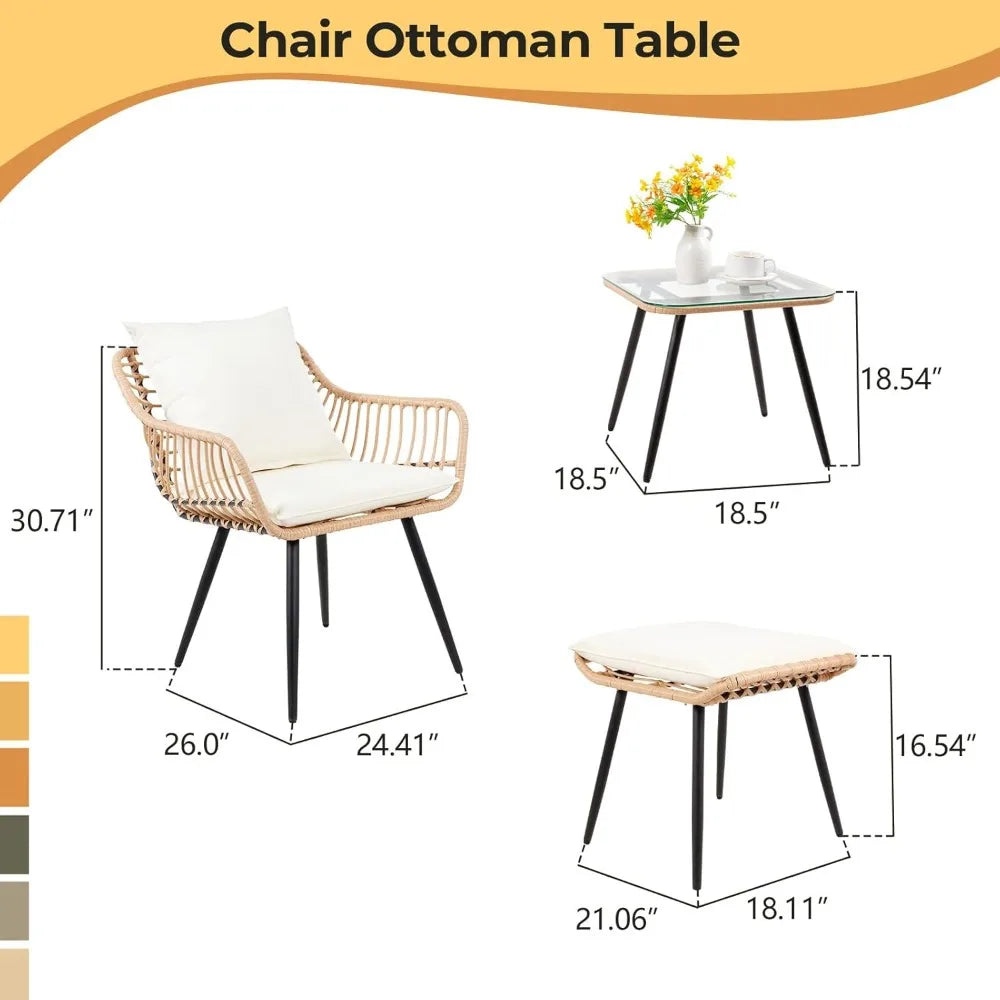 5 Piece Patio Furniture Set, Outdoor Wicker Small Conversation Bistro Set, All-Weather PE Rattan Chairs with Ottoman & Coffee Ta