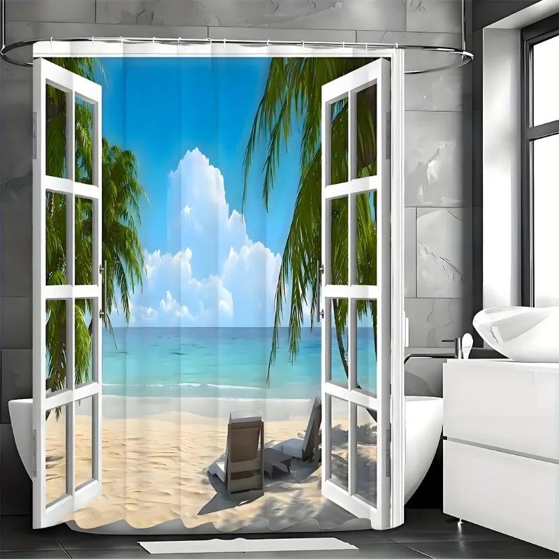 Shower Curtain, Palm Tree Decor Ocean Beach Seascape Through White Wooden Windows