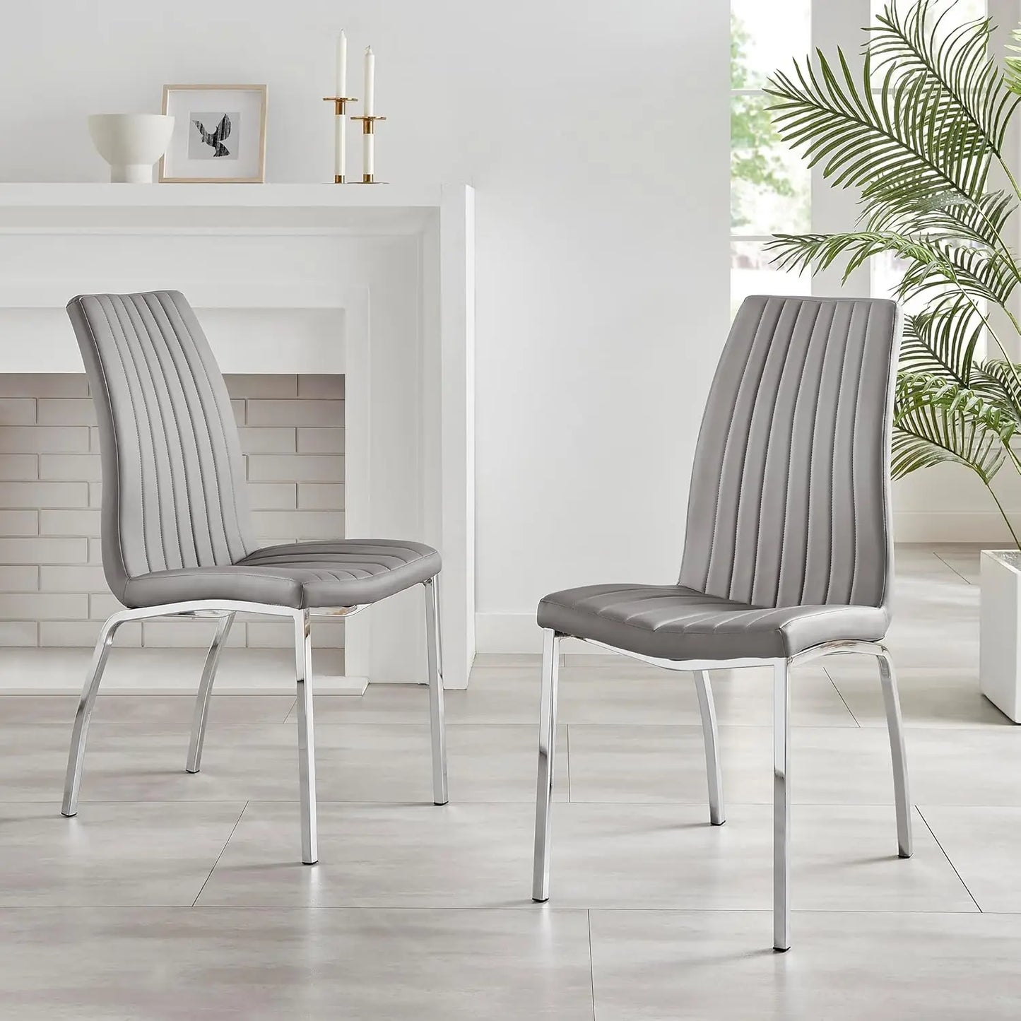 Dining Chair Set of 2 - ISCO Faux Leather Upholstered White Dining Chairs with Silver Chrome Legs