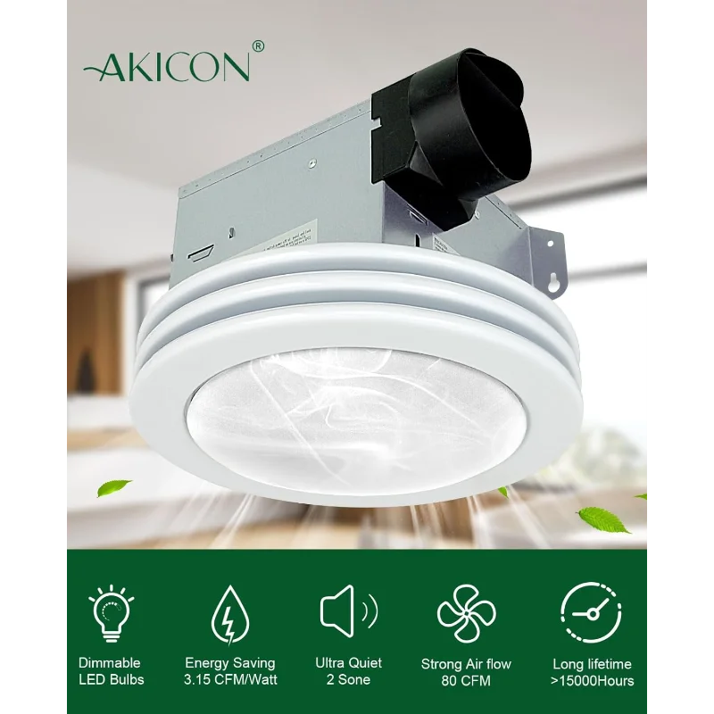 Akicon Exhaust Fan with Light, Ultra Quiet 80 CFM 2.0 Sones Ventilation Exhaust Bathroom Fan with Light, 3000K/4000K/5000K