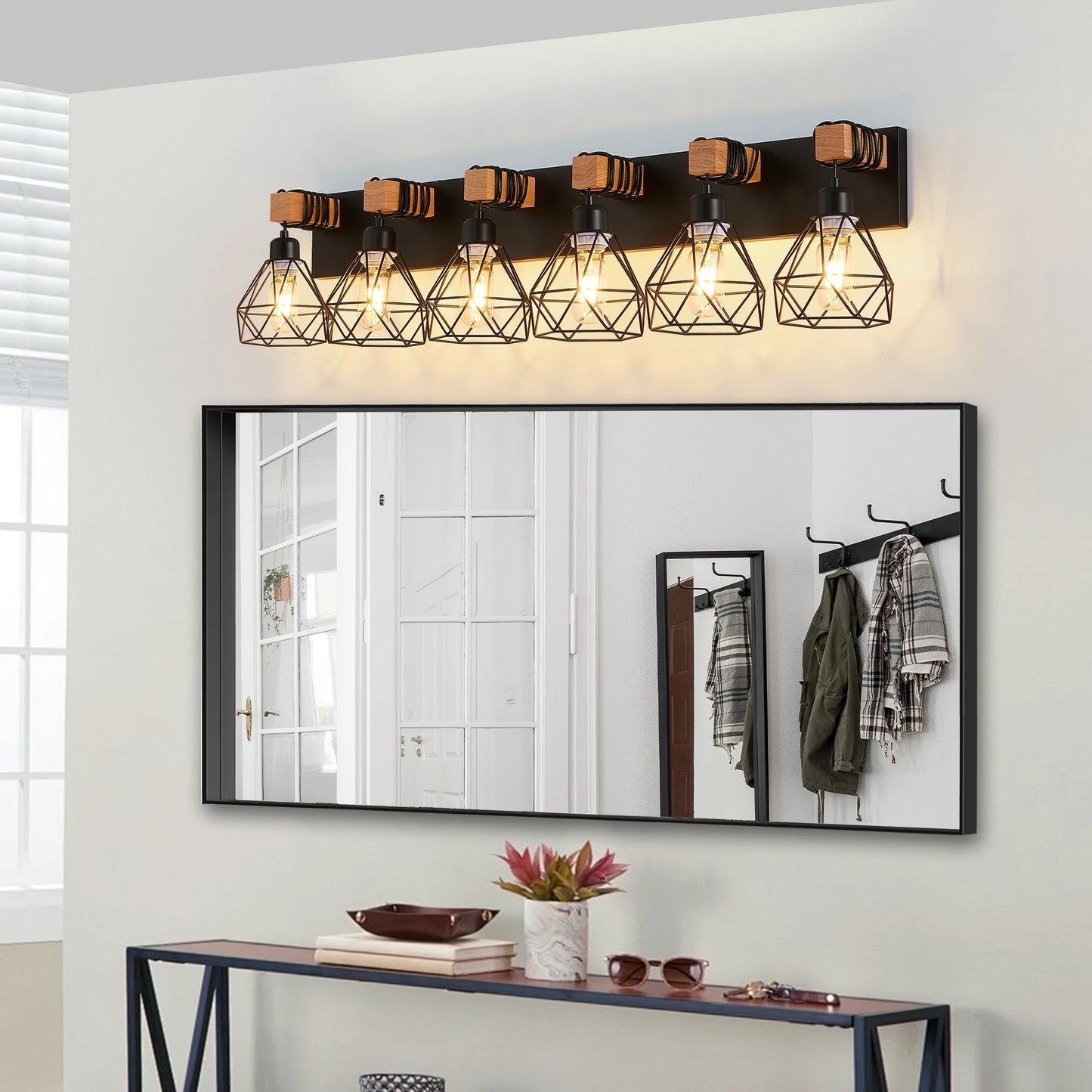 38" Modern Geometric 6-Light Vanity Light Fixture with Black Metal, Wooden Accents and Cage Lampshade