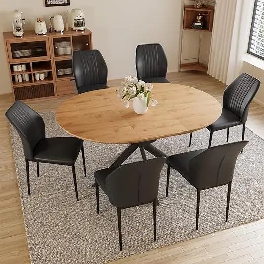43.2"-59.1" Extendable Round Dining Table Set, Wooden Round Table for 4-6 Person, Oak Coffee Table w/Scratch-Resistant Tabletop