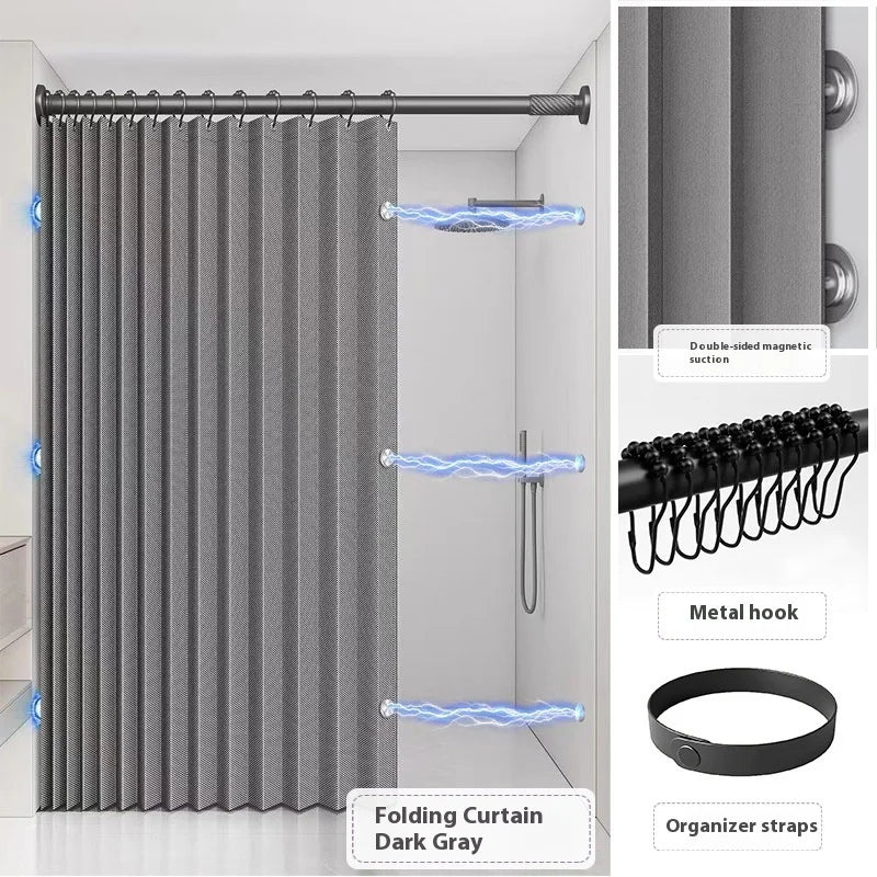 Bathroom Folding Linen Shower Curtain with Magnets Waterproof Suitable for Walk-in Shower Does Not Include Telescopic Rod
