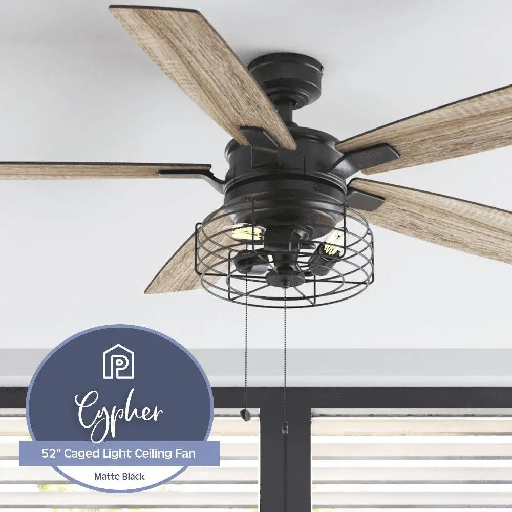 52 Inch Ceiling Fan with Light Dimmable Edison Bulbs Remote Control Industrial Chic Reversible Blades Home Living Room Bedroom