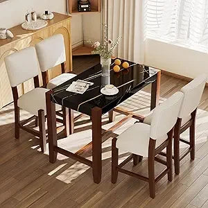 5-Piece Counter Height Dining Set with 1 Faux Marble Top Bar Table and 4 Upholstered Chairs, Mid-Century Modern Kitchen Table S