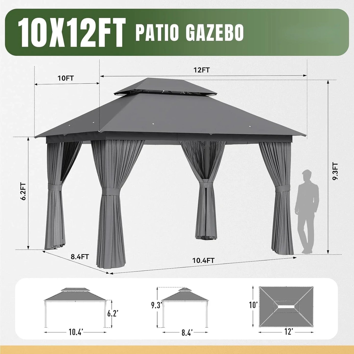 Premium Outdoor Gazebo for Patio 10x12, Metal Frame Canopy with Double Roofs, Heavy Duty Party Tent and Shelter with Mosquito Ne