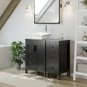 36" Black Bathroom Vanity With Sink Combo, Modern Cabinet With 3 Drawers, Grooved Doors & Metal Handles, Champagne Boat Tempere