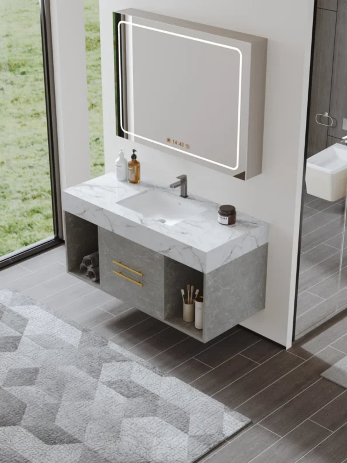 Wall mounted single bathroom dressing table easy to clean and install with artificial marble countertop