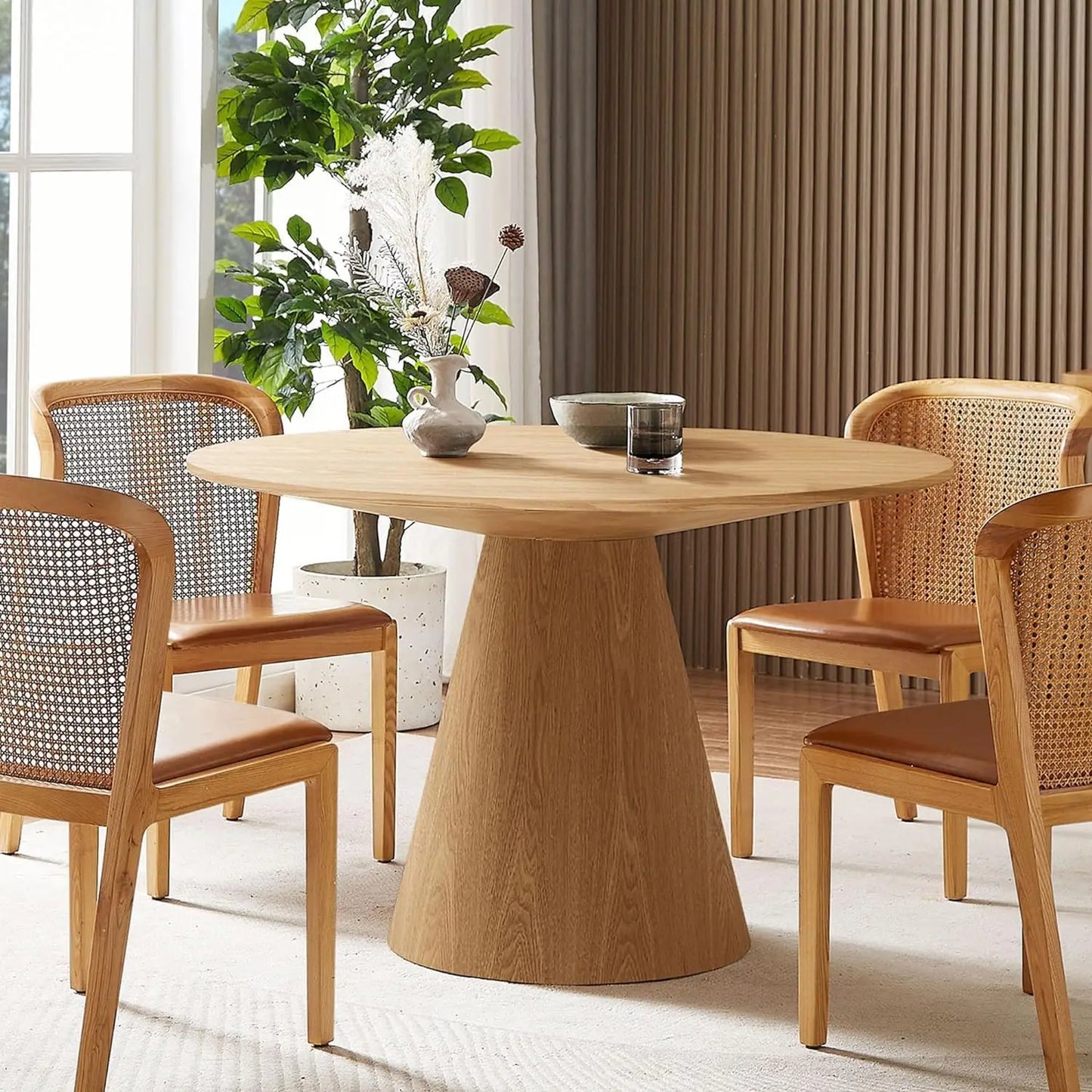 43" Mid-Century Modern Farmhouse Round Dining Table for 4-5 - Wooden Pedestal Base with MDF Table Top, Compact Kitchen
