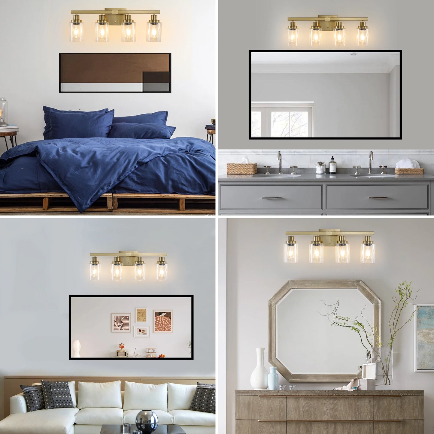 Golden 4-Light Vanity Light with Clear Glass Shades, Modern Iron Metal Bathroom Wall Fixture for Mirror Lamp (No Bulbs)