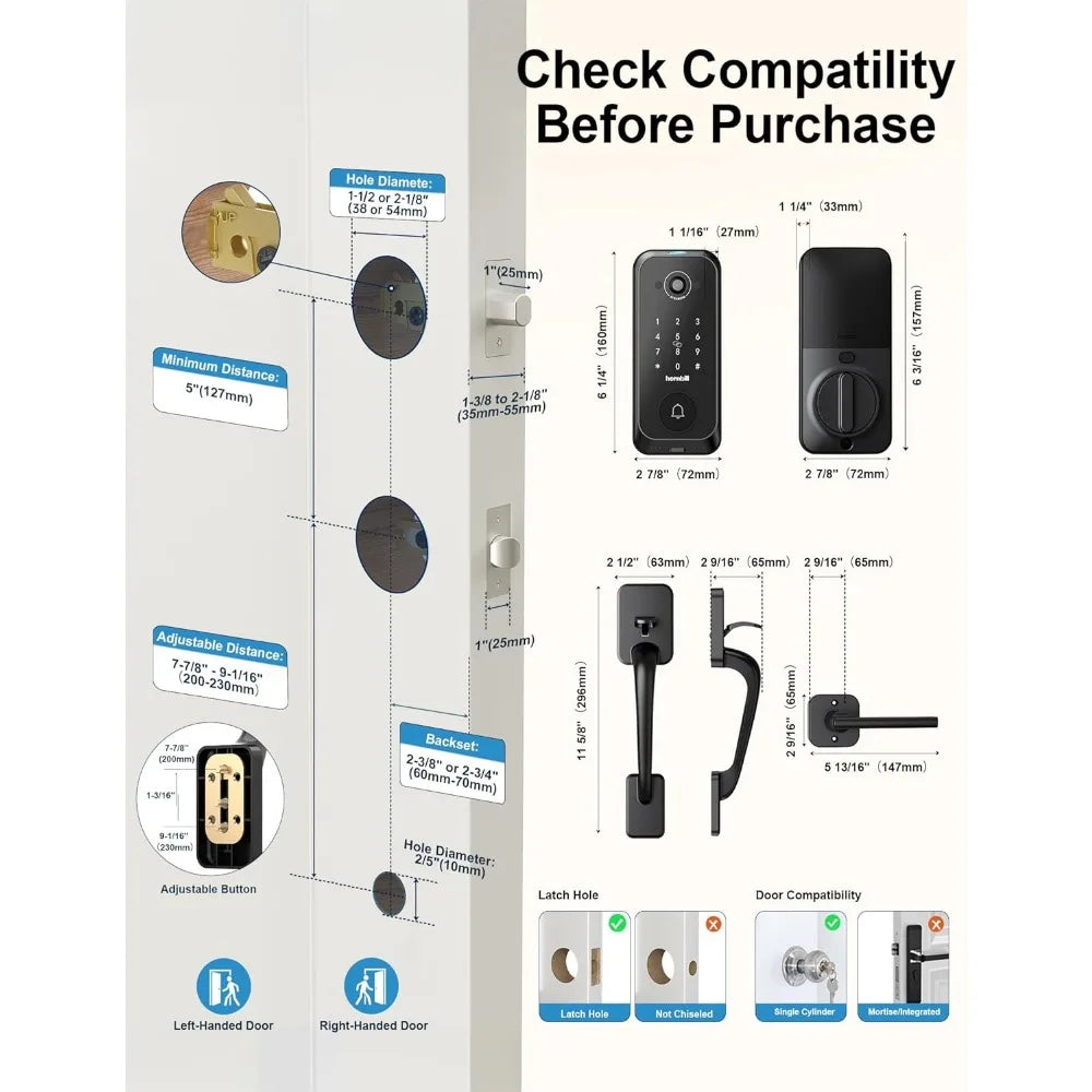Smart Front Door Lock Sets: 2K HD Camera Lock with Doorbell Kits, Hornbill Fingerprint Keyless Entry Door Lock with Handles, WiF