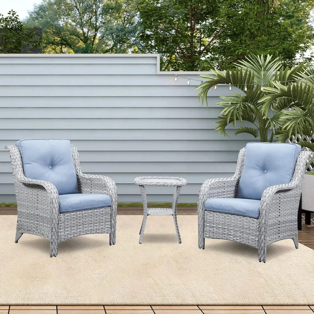 Patio Bistro Set Wicker Chairs - 3 Piece Outdoor Rattan Conversation Set with 2 Armrest Chair and 1 Side Table for Proch Deck