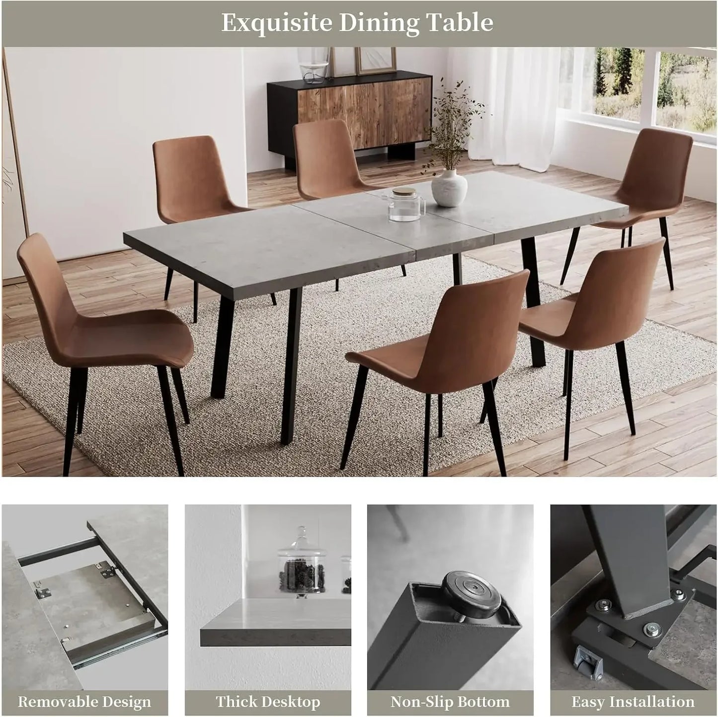 7 Piece Dining Table Set, 62 Inch Modern Kitchen Table with 6 Dining Chairs for 4-6 Person, Expandable MDF Dining Table