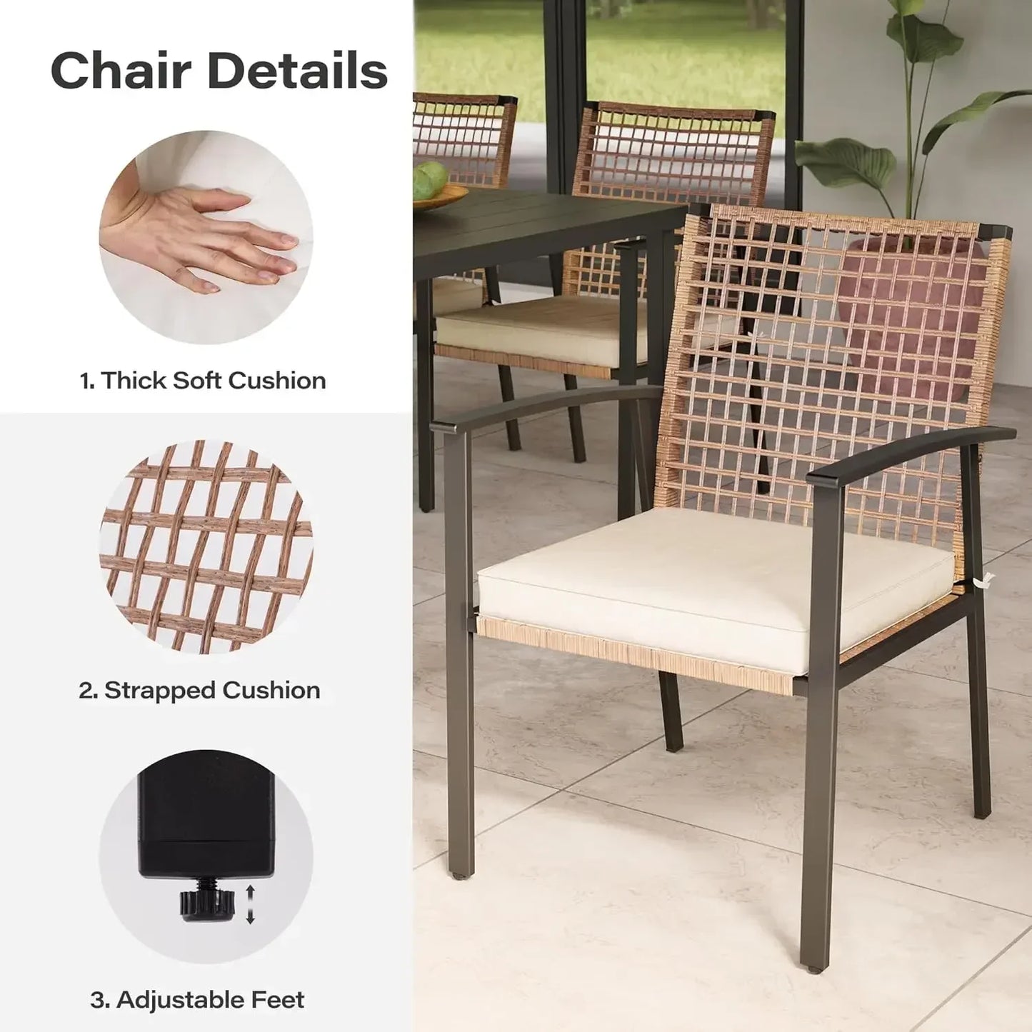 7 Pieces Patio Dining Set, Outdoor Furniture Set of 6 Chairs with Soft Cushion and Iron Slats Table Top with Umbrella Hole