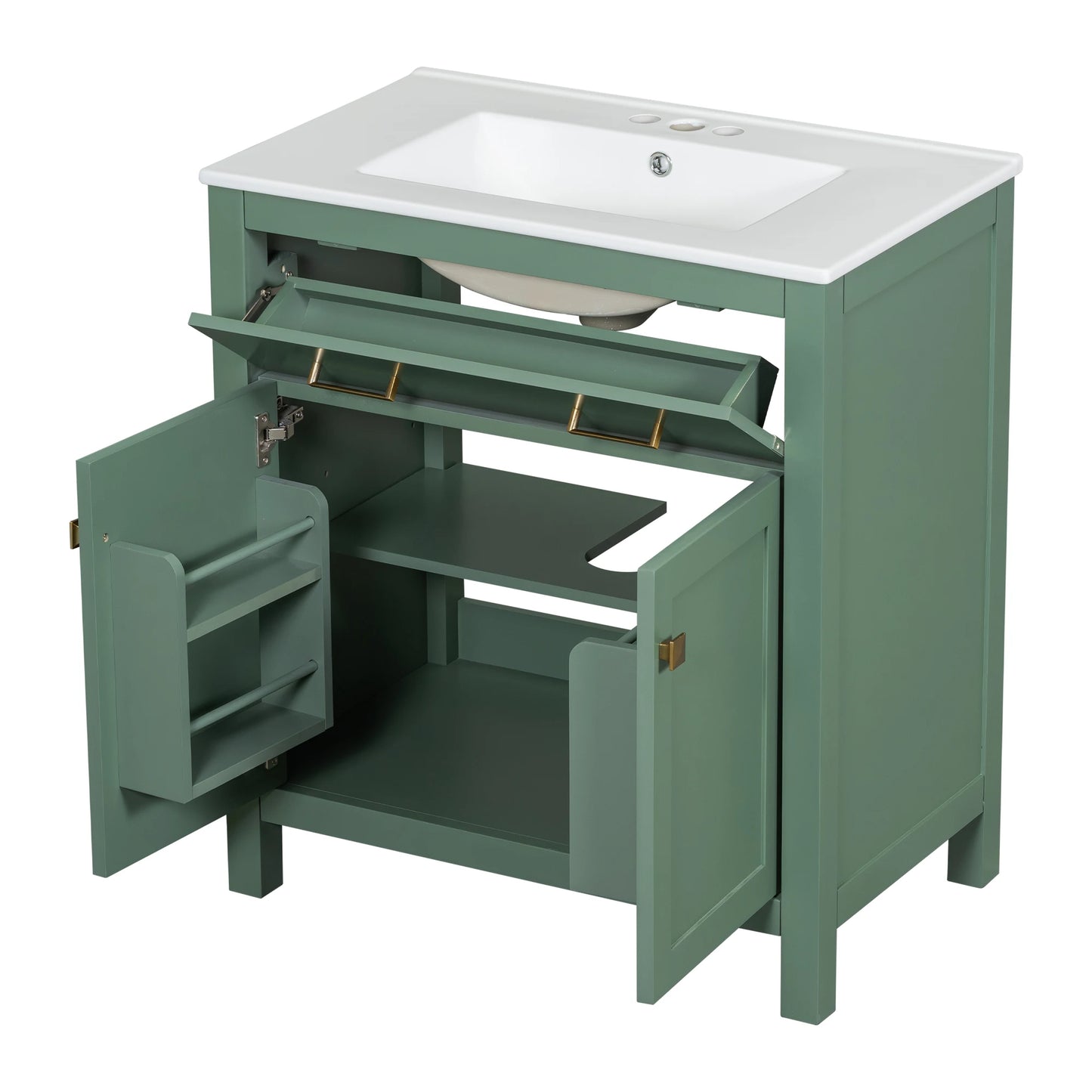 30-inch Bathroom Vanity with Ceramic Sink, Modern White Single Bathroom Cabinet with 2 Doors and a Shelf, Soft Close Doors