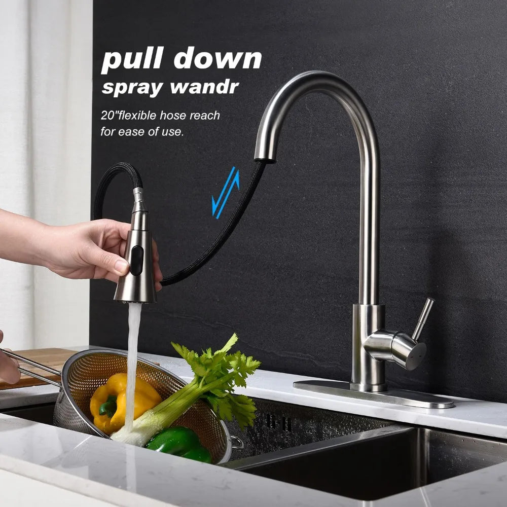Single handle high arc brushed nickel pull kitchen faucet, stainless steel kitchen sink faucet, with pull-down spray faucet