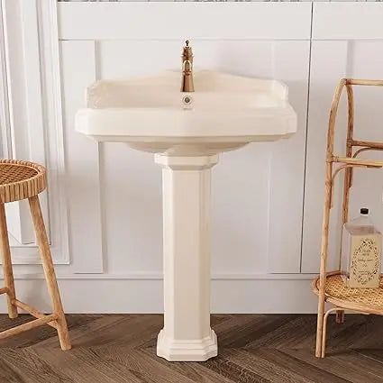 DeerValley - 23" x 19" Inch Bone Color Pedestal Sink Combo, Ceramic Pedestal Sink for Bathroom, with Overflow Hole 1 Faucet Hole