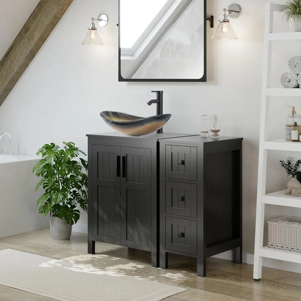 36" Black Bathroom Vanity With Sink Combo, Modern Cabinet With 3 Drawers, Grooved Doors & Metal Handles, Champagne Boat Tempere