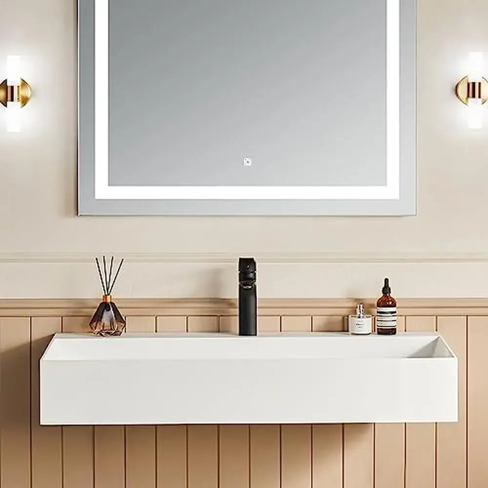 30x18 Matte White Stone Resin Wall Mount Bathroom Vessel Sink Combo with Pop-up Drain Repairable Surface Minimalist Design
