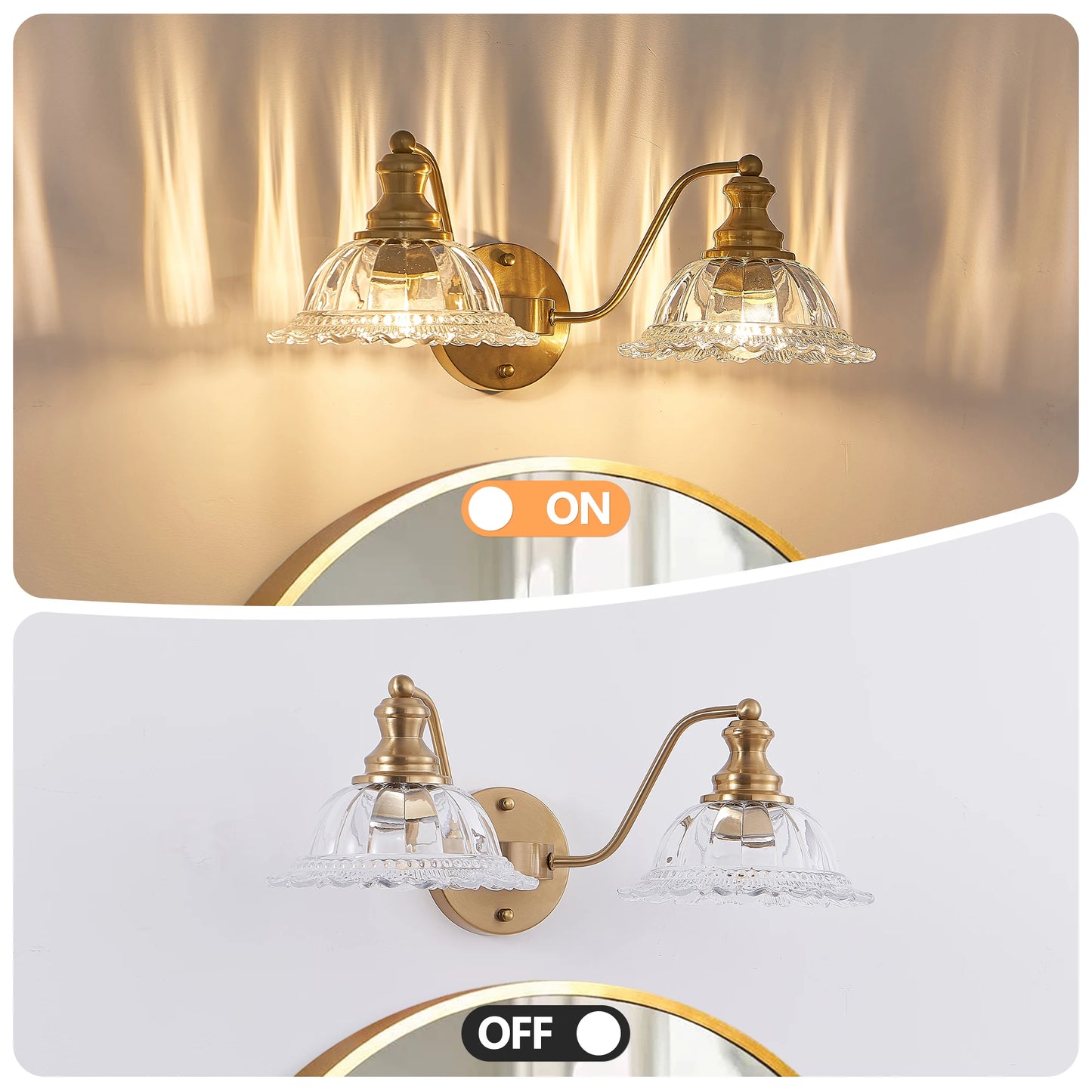 20 英寸 2-Light Vintage Bathroom Wall Sconce – Elegant Golden Metal and Glass Lampshade Vanity Light Fixture