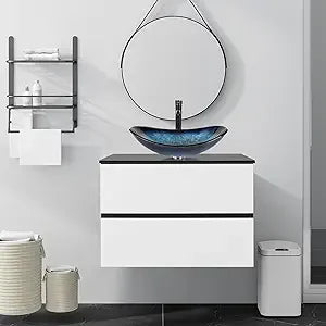 30-Inch Black and White Wall Mounted Bathroom Vanity Cabinet with 2 Drawers and Silver Boat Glass Sink