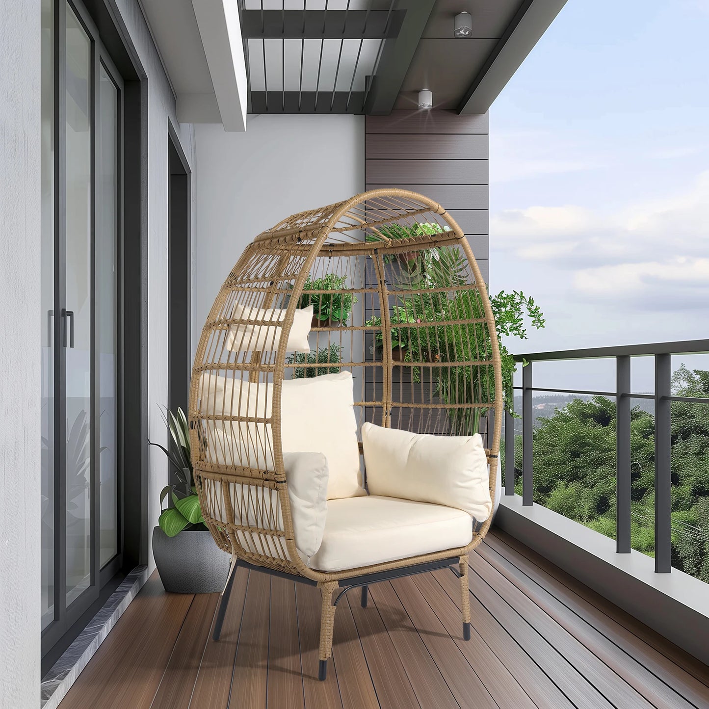 Wicker Egg Chair, Oversized Indoor Outdoor Lounger with Stand and Cushions Beige Rattan & Creamy White Cushion