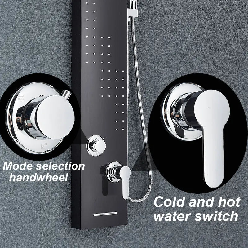 Black LED Light Shower Panel Waterfall&Rainfall Faucet Set Systems Bathroom Mixer Taps Tower with Spa Shower Columns Massage Jet