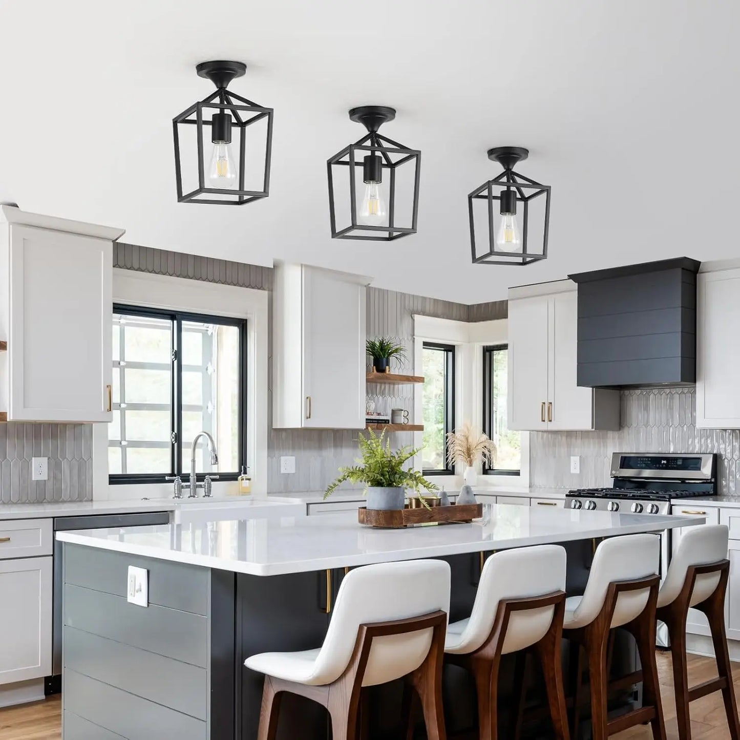 Black Industrial Ceiling Light - Farmhouse Metal Semi-Flush Fixture for Kitchen, Dining Room & Hallway (2-Pack)