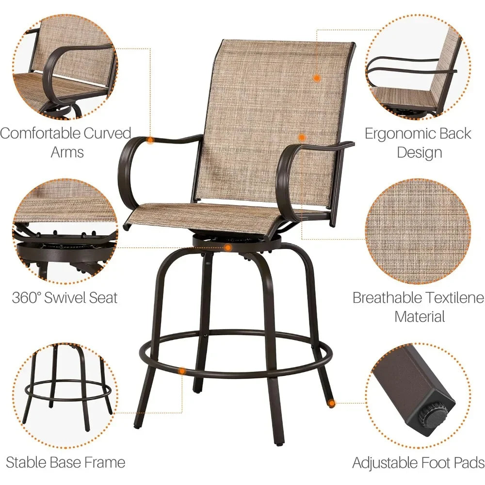 Patio Swivel Bar Stools Set of 2, All-Weather Outdoor High Bistro Stools for Outside, Beach, Lawn, Poolside and Garden, Brown